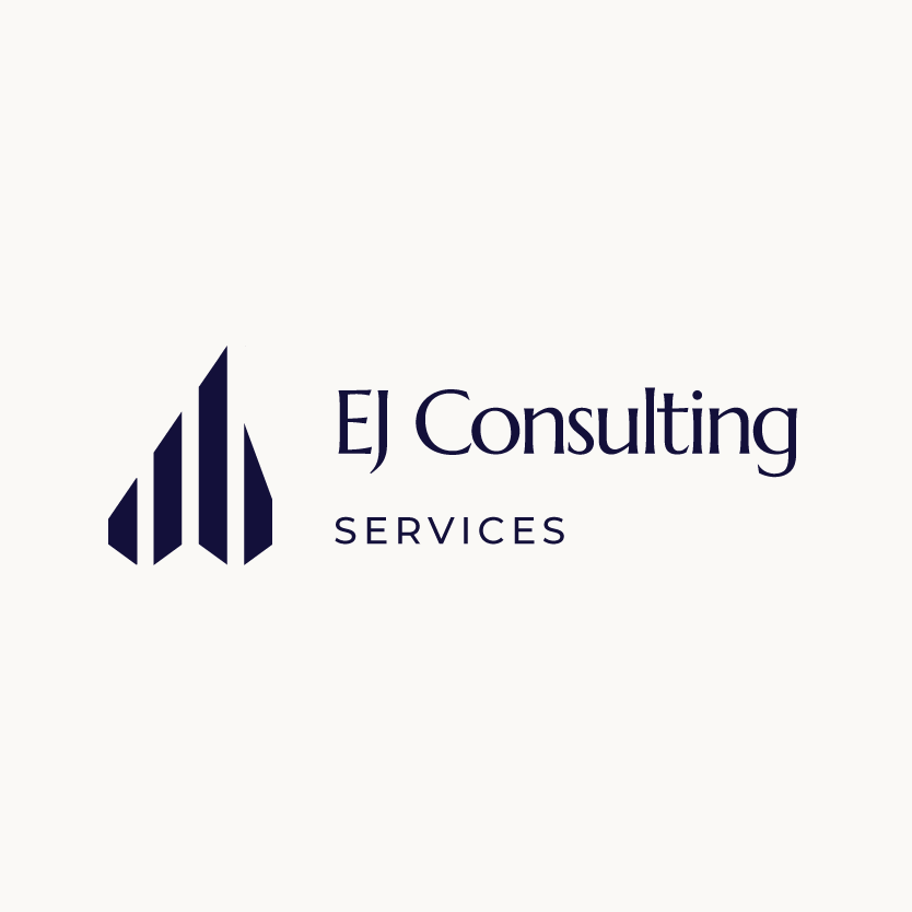 EJ Consulting Services lockup, horizontal, navy on cream