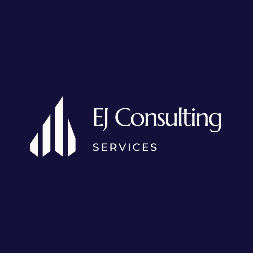 EJ Consulting Services lockup, horizontal, white on navy