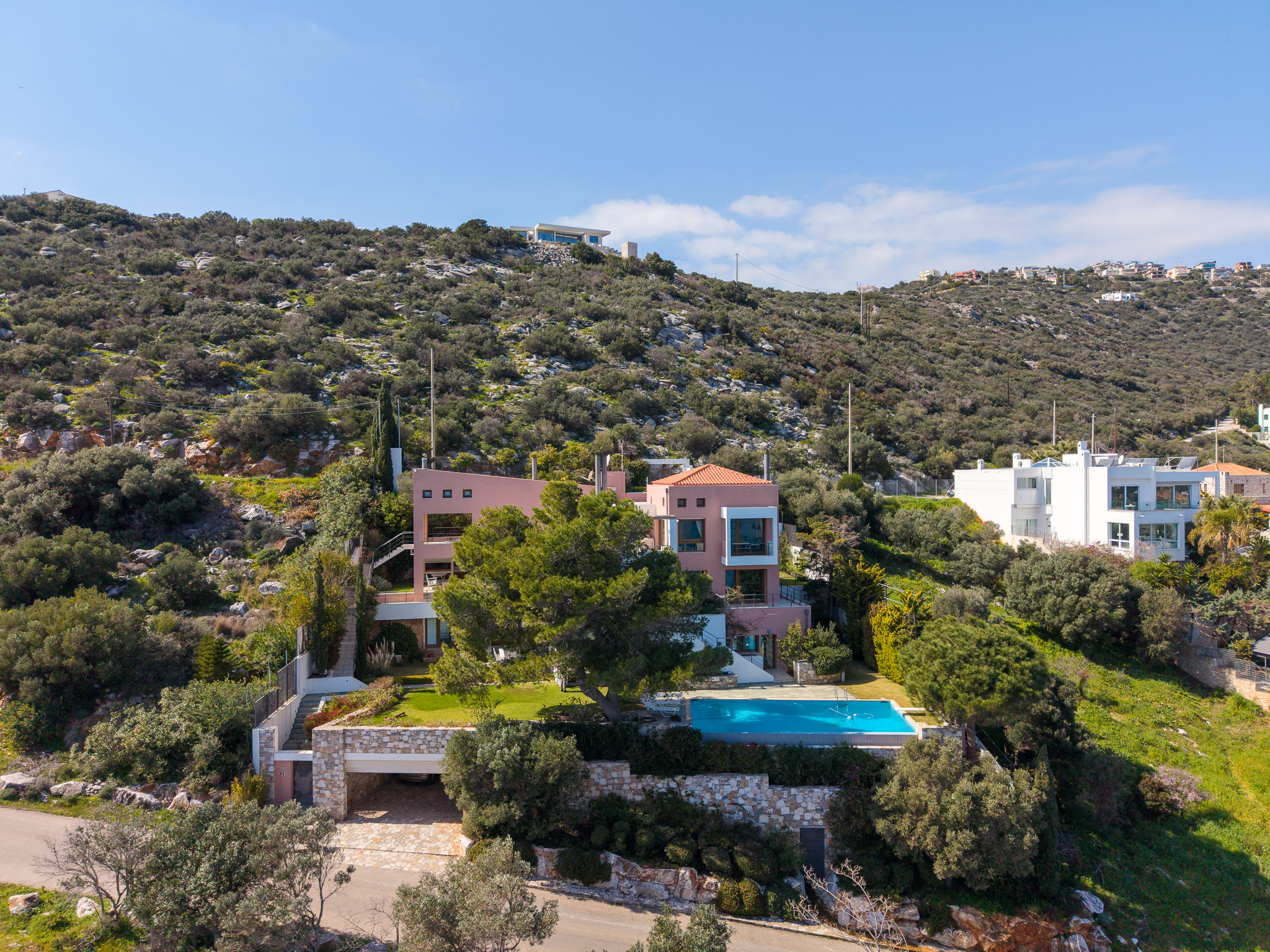 Villa Selene, day aerial of villa, pool and hillside